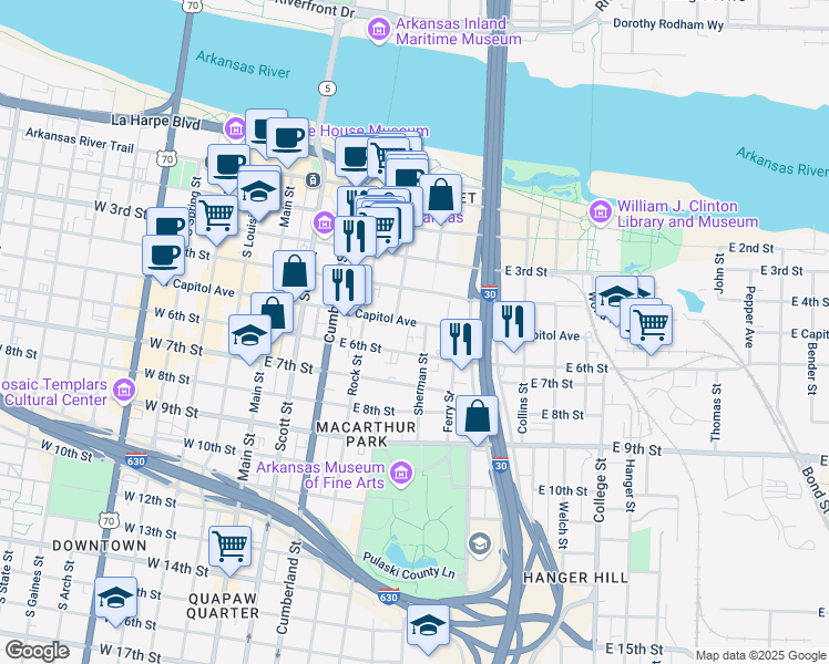 map of restaurants, bars, coffee shops, grocery stores, and more near 523 Sherman Street in Little Rock