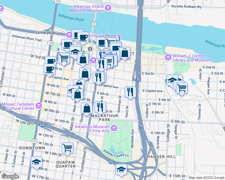 map of restaurants, bars, coffee shops, grocery stores, and more near 423 East Capitol Avenue in Little Rock