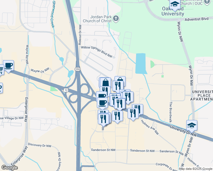 map of restaurants, bars, coffee shops, grocery stores, and more near 1127 Stones Throw Drive Northwest in Huntsville