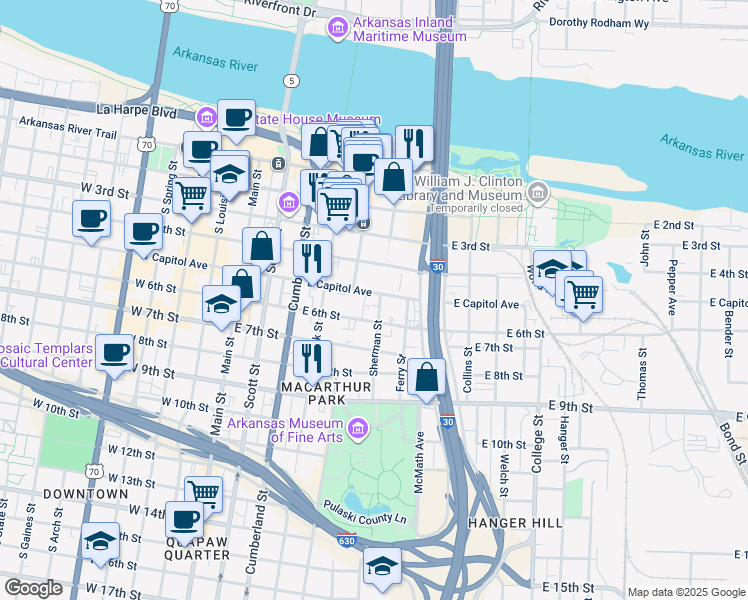 map of restaurants, bars, coffee shops, grocery stores, and more near 523 Sherman Street in Little Rock