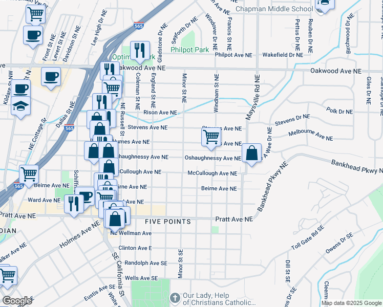 map of restaurants, bars, coffee shops, grocery stores, and more near 1313 Oshaughnessy Ave NE in Huntsville
