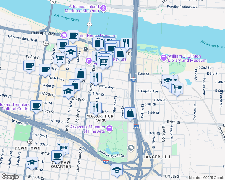 map of restaurants, bars, coffee shops, grocery stores, and more near 519 East Capitol Avenue in Little Rock