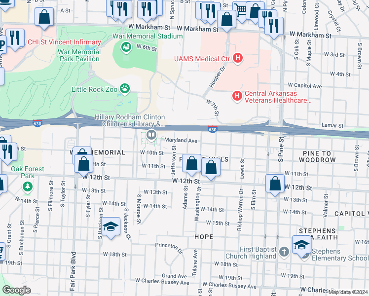 map of restaurants, bars, coffee shops, grocery stores, and more near 914 Adams Street in Little Rock