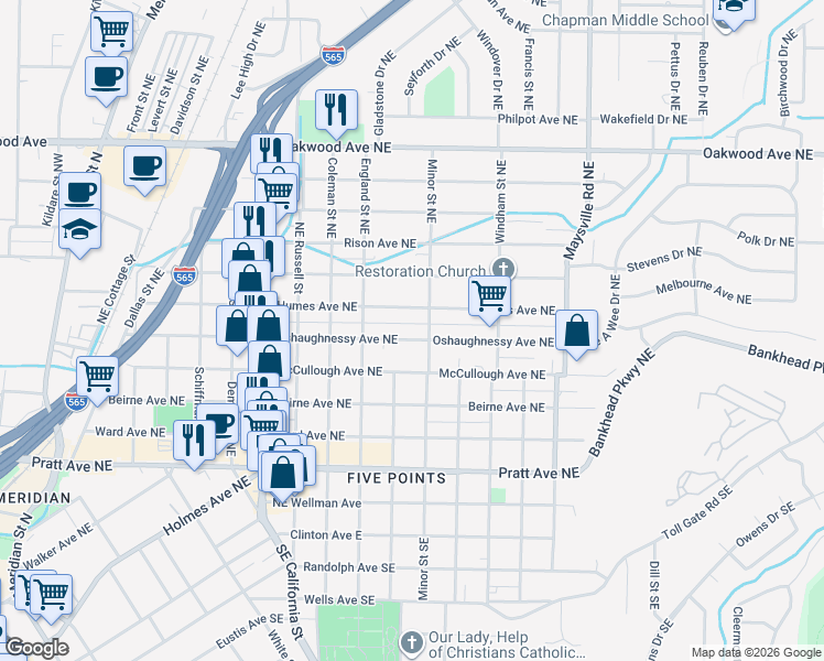 map of restaurants, bars, coffee shops, grocery stores, and more near 1239 Oshaughnessy Avenue Northeast in Huntsville