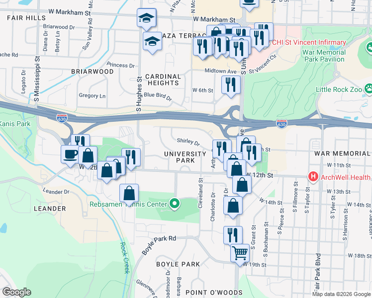 map of restaurants, bars, coffee shops, grocery stores, and more near 6400 Sherry Drive in Little Rock