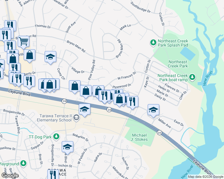 map of restaurants, bars, coffee shops, grocery stores, and more near 712 Pinewood Drive in Jacksonville