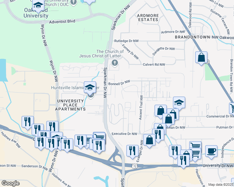 map of restaurants, bars, coffee shops, grocery stores, and more near 1506 Halston Circle Northwest in Huntsville