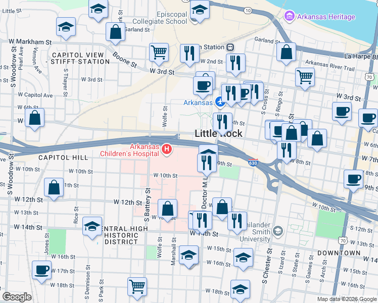 map of restaurants, bars, coffee shops, grocery stores, and more near 1601 West 8th Street in Little Rock