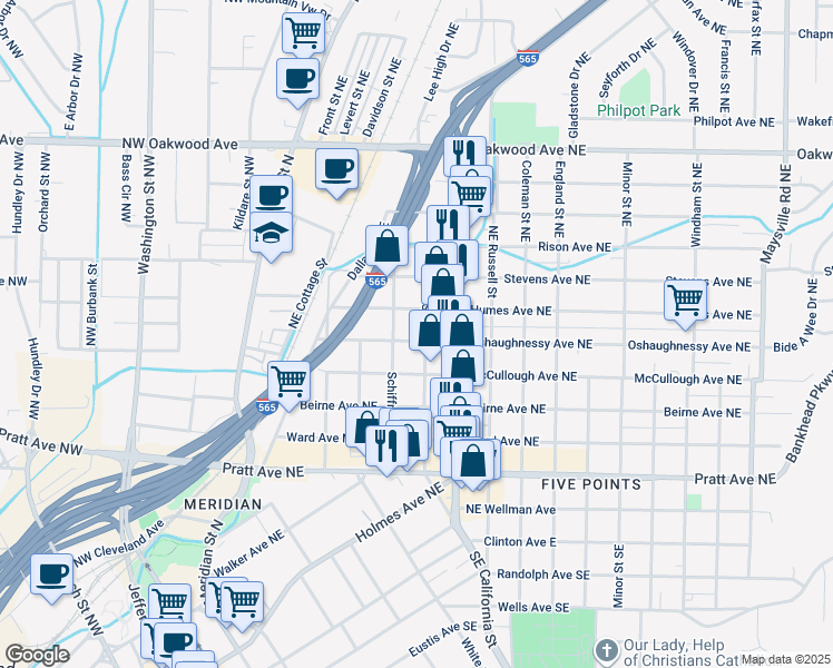 map of restaurants, bars, coffee shops, grocery stores, and more near 517 Oshaughnessy Avenue Northeast in Huntsville
