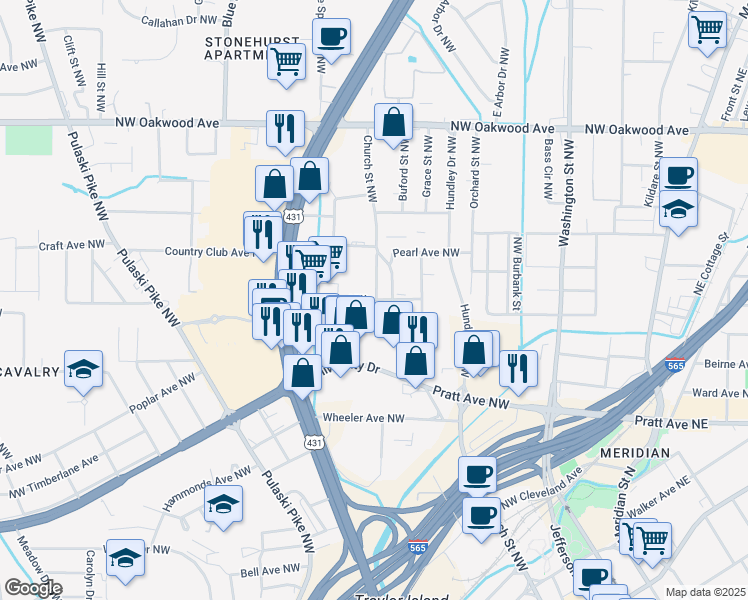 map of restaurants, bars, coffee shops, grocery stores, and more near 911 Church Street Northwest in Huntsville