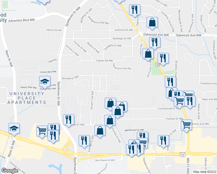 map of restaurants, bars, coffee shops, grocery stores, and more near 4428 Torrance Drive Northwest in Huntsville