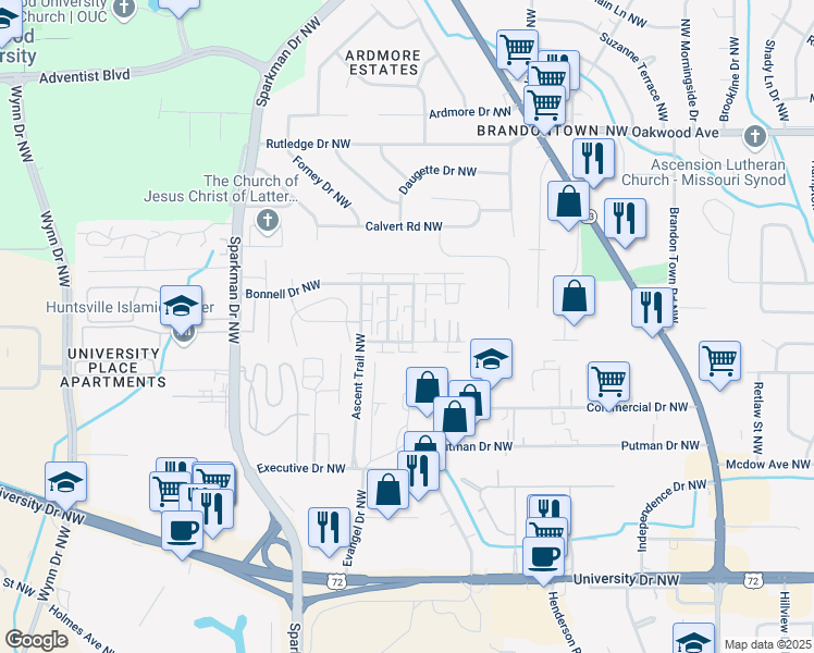 map of restaurants, bars, coffee shops, grocery stores, and more near 1500 Barrington Road Northwest in Huntsville