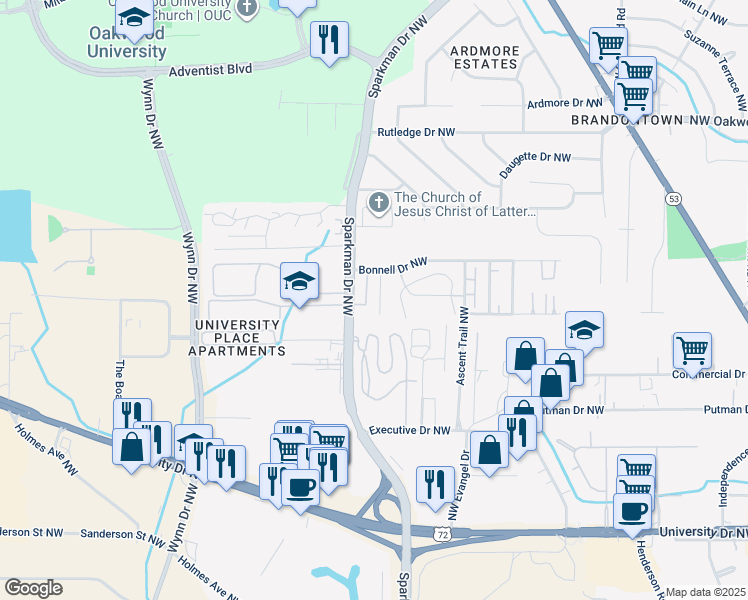 map of restaurants, bars, coffee shops, grocery stores, and more near 212 Sparkman Drive Northwest in Huntsville