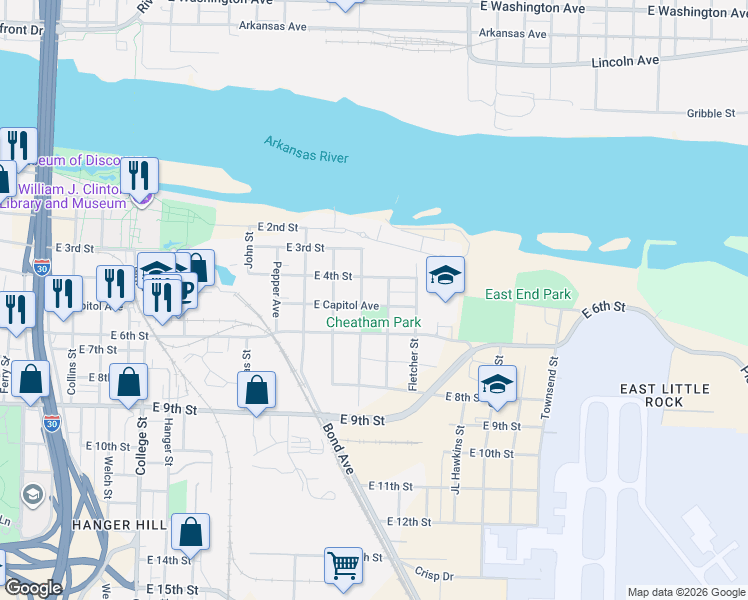 map of restaurants, bars, coffee shops, grocery stores, and more near 1904 East Capitol Avenue in Little Rock