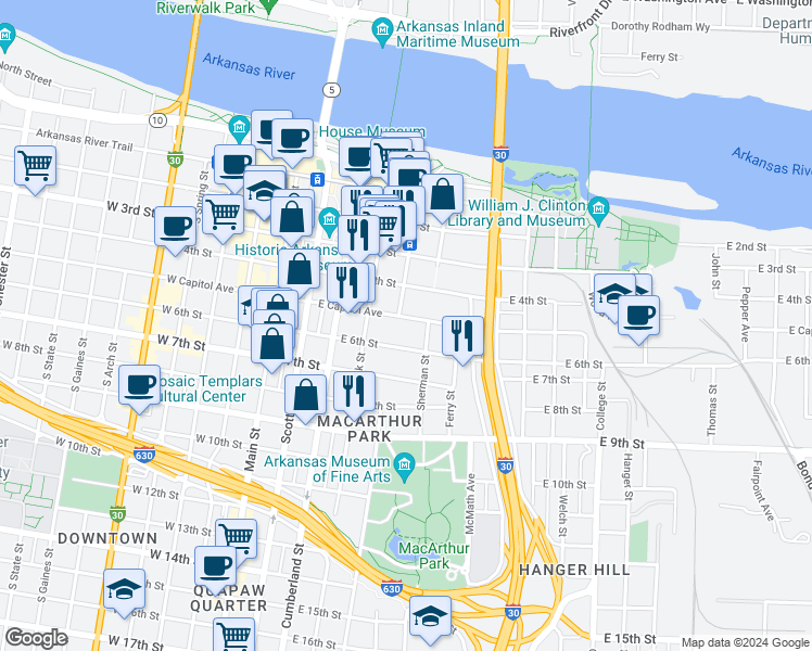 map of restaurants, bars, coffee shops, grocery stores, and more near 423 East Capitol Avenue in Little Rock