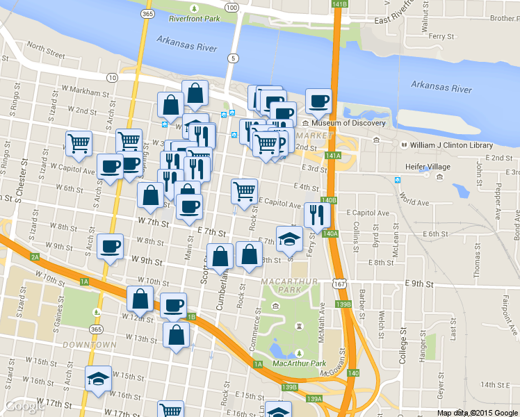 map of restaurants, bars, coffee shops, grocery stores, and more near 522 Rock Street in Little Rock
