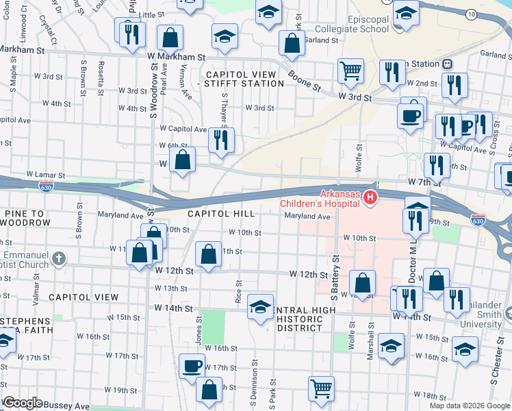 map of restaurants, bars, coffee shops, grocery stores, and more near 813 Rice Street in Little Rock