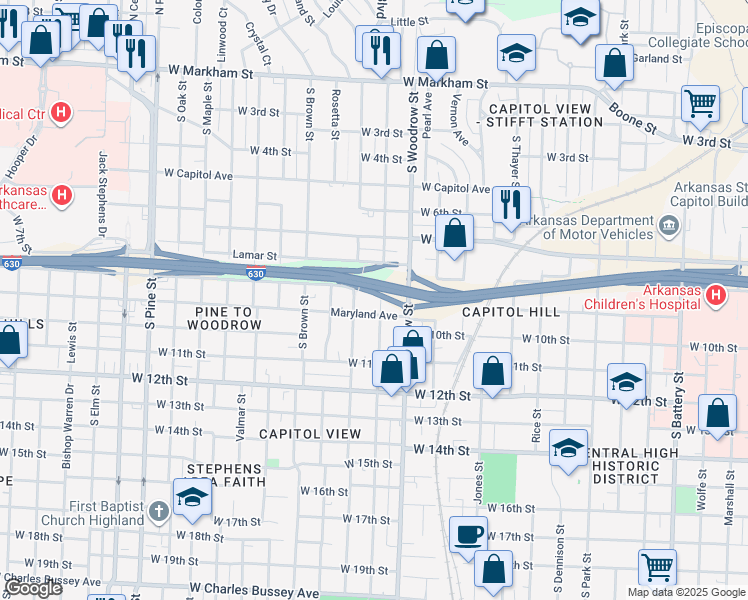 map of restaurants, bars, coffee shops, grocery stores, and more near 3004 Maryland Avenue in Little Rock