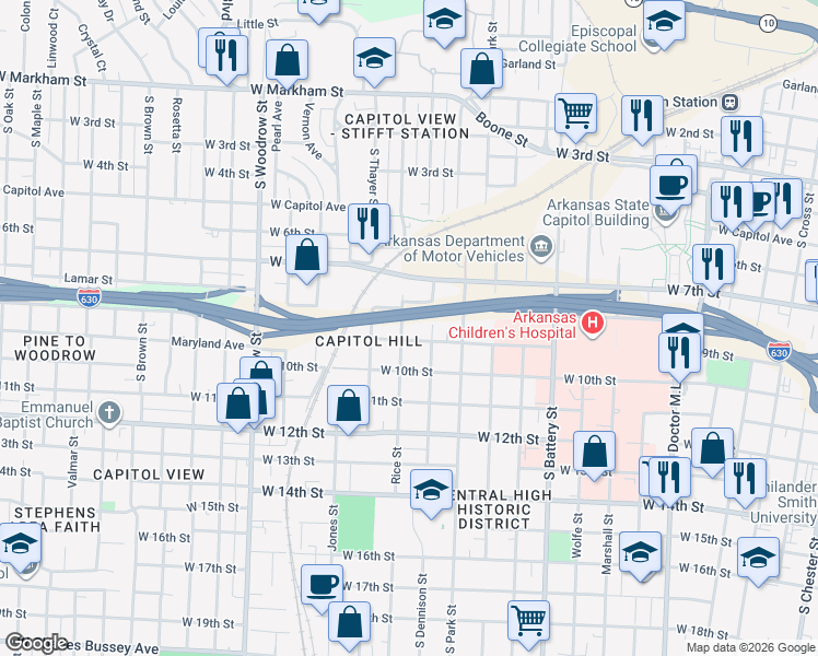 map of restaurants, bars, coffee shops, grocery stores, and more near 813 Rice Street in Little Rock