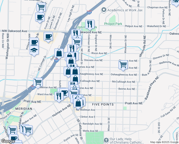 map of restaurants, bars, coffee shops, grocery stores, and more near 1001 Oshaughnessy Avenue Northeast in Huntsville