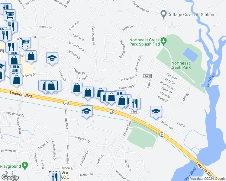 map of restaurants, bars, coffee shops, grocery stores, and more near 708 Pinewood Drive in Jacksonville