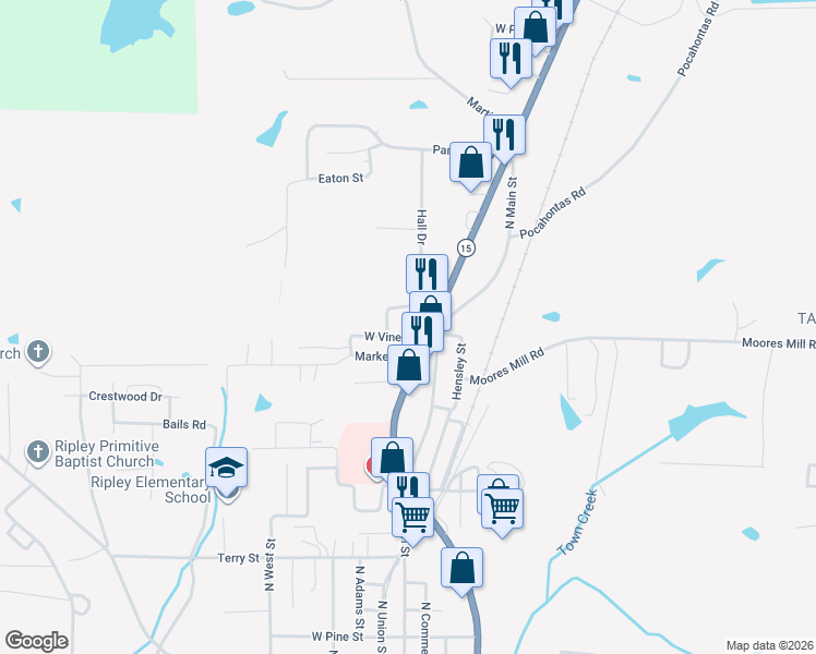 map of restaurants, bars, coffee shops, grocery stores, and more near 204 West Vine Street in Ripley