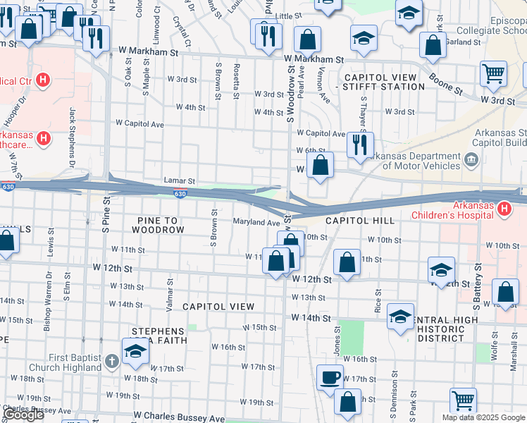 map of restaurants, bars, coffee shops, grocery stores, and more near 3004 Maryland Avenue in Little Rock