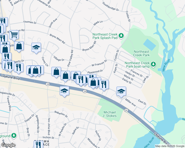 map of restaurants, bars, coffee shops, grocery stores, and more near 108 Persimmon Court in Jacksonville