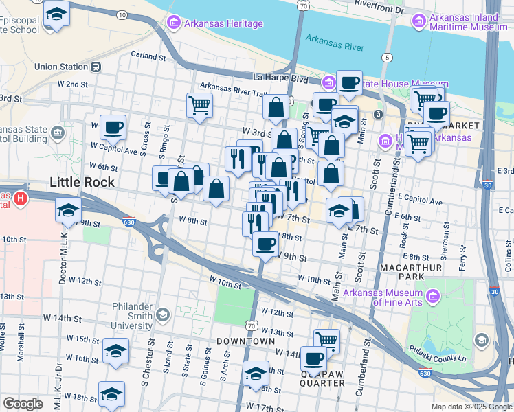 map of restaurants, bars, coffee shops, grocery stores, and more near 520 West 7th Street in Little Rock