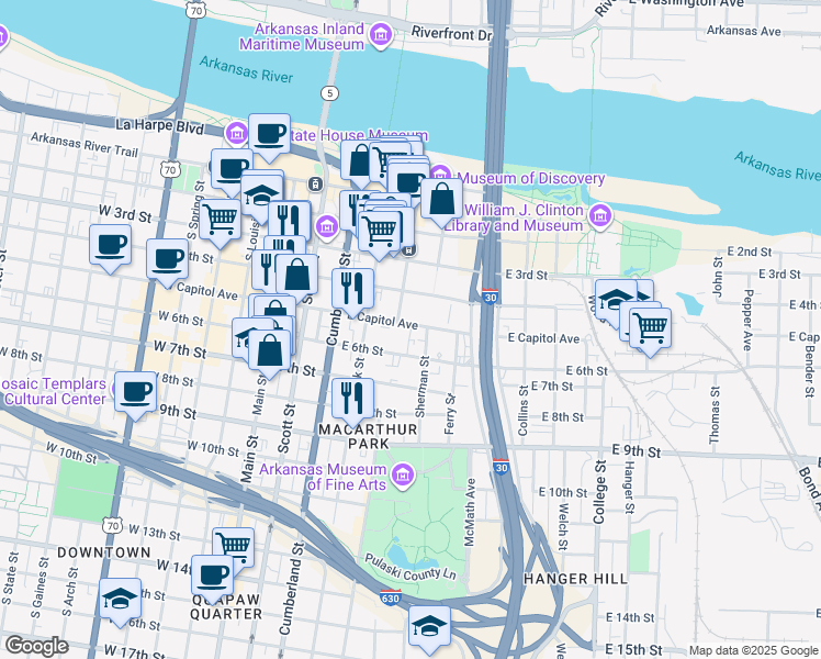 map of restaurants, bars, coffee shops, grocery stores, and more near 423 East Capitol Avenue in Little Rock