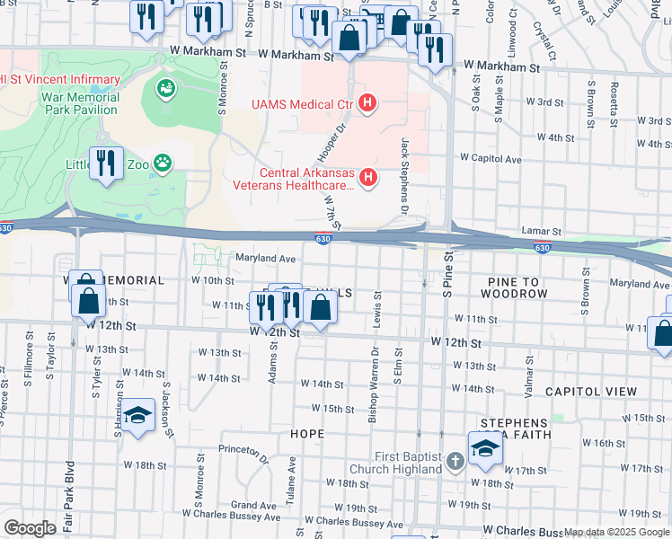 map of restaurants, bars, coffee shops, grocery stores, and more near 4319 Maryland Avenue in Little Rock