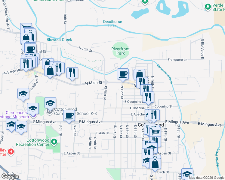 map of restaurants, bars, coffee shops, grocery stores, and more near 489 North 10th Street in Cottonwood