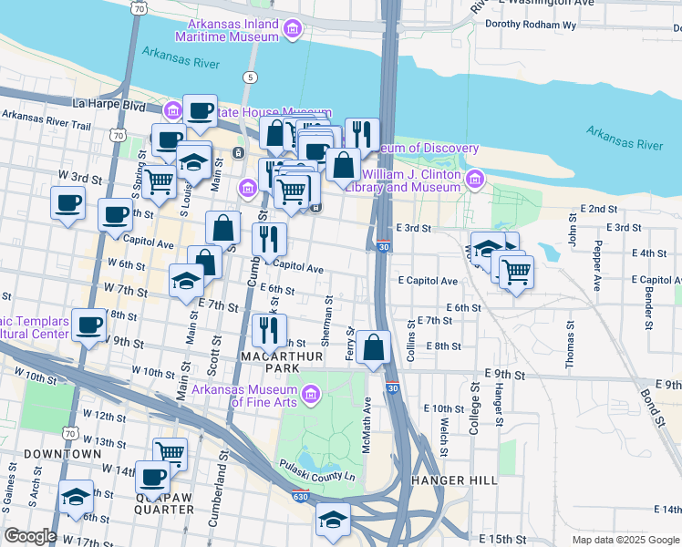 map of restaurants, bars, coffee shops, grocery stores, and more near 615 East Capitol Avenue in Little Rock