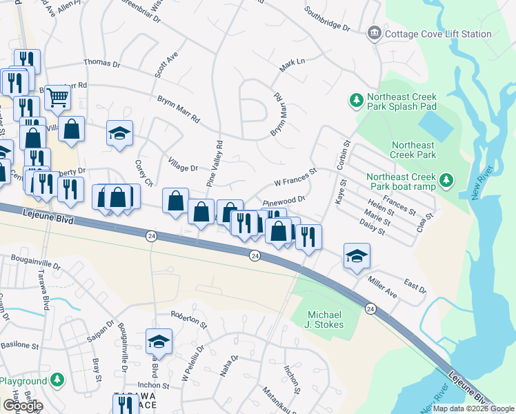 map of restaurants, bars, coffee shops, grocery stores, and more near 108 Persimmon Court in Jacksonville