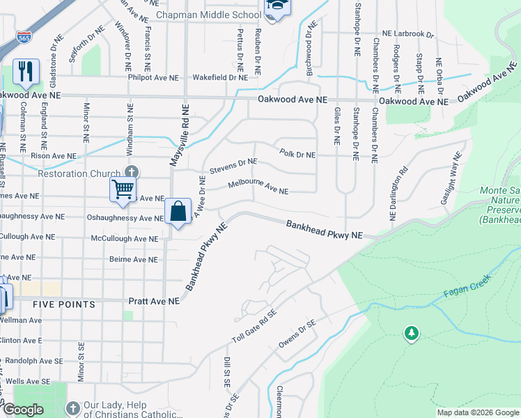 map of restaurants, bars, coffee shops, grocery stores, and more near 2006 Wooddale Drive Northeast in Huntsville