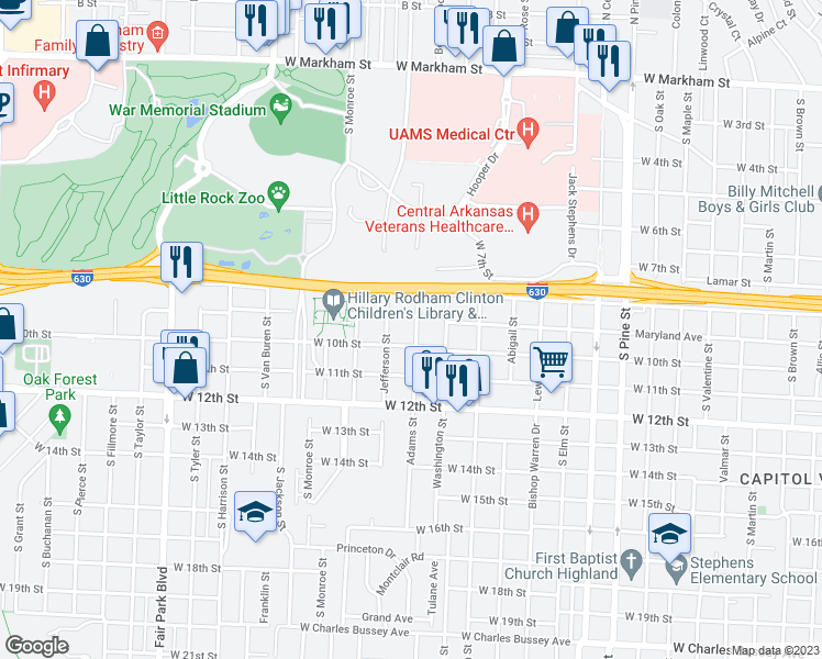 map of restaurants, bars, coffee shops, grocery stores, and more near 912 Adams Street in Little Rock