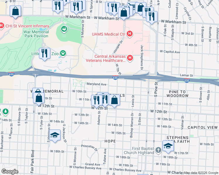 map of restaurants, bars, coffee shops, grocery stores, and more near 4425 Maryland Avenue in Little Rock