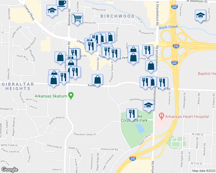 map of restaurants, bars, coffee shops, grocery stores, and more near 717 Centerview Drive in Little Rock