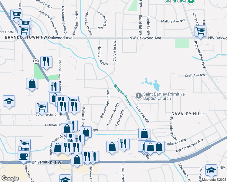 map of restaurants, bars, coffee shops, grocery stores, and more near 1300 Brookmead Street Northwest in Huntsville