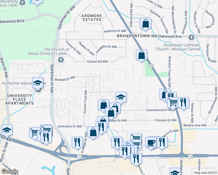 map of restaurants, bars, coffee shops, grocery stores, and more near 4428 Torrance Drive Northwest in Huntsville