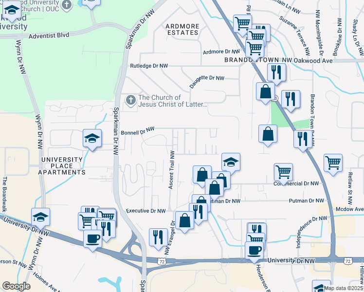 map of restaurants, bars, coffee shops, grocery stores, and more near 1500 Barrington Road Northwest in Huntsville