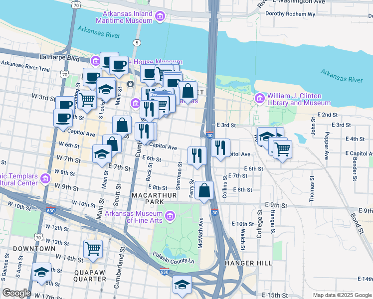 map of restaurants, bars, coffee shops, grocery stores, and more near 523 Sherman Street in Little Rock