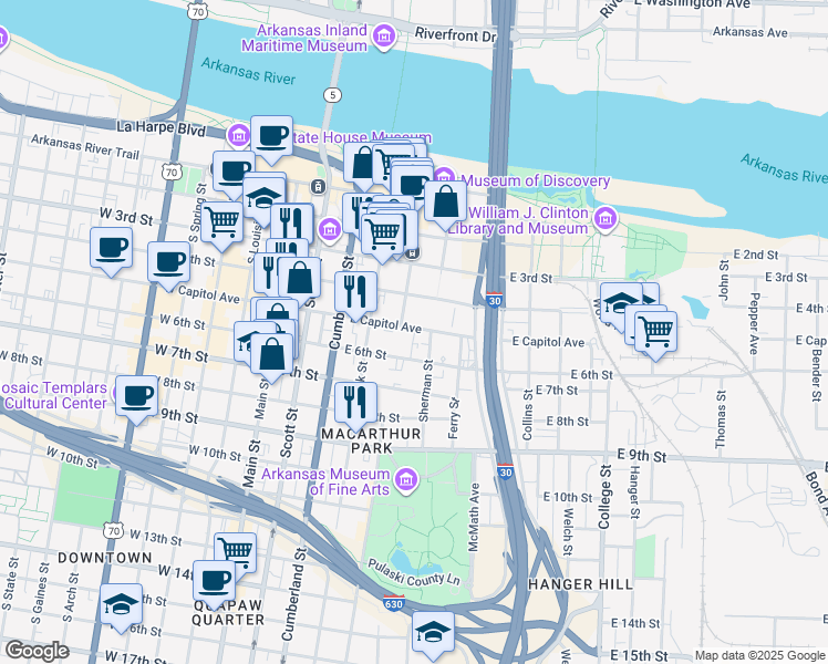 map of restaurants, bars, coffee shops, grocery stores, and more near 423 East Capitol Avenue in Little Rock