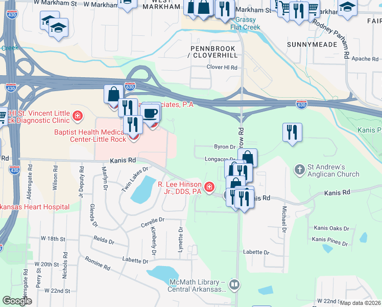 map of restaurants, bars, coffee shops, grocery stores, and more near 1100 Patton Place in Little Rock