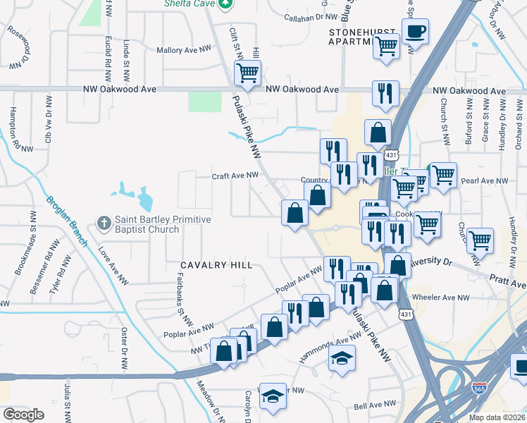 map of restaurants, bars, coffee shops, grocery stores, and more near 2500 Carmichael Avenue Northwest in Huntsville