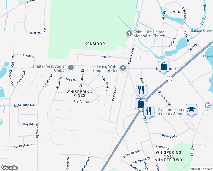 map of restaurants, bars, coffee shops, grocery stores, and more near 12500 Colinwood Circle in Laurinburg