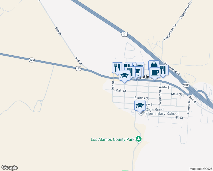 map of restaurants, bars, coffee shops, grocery stores, and more near 137 Main Street in Los Alamos