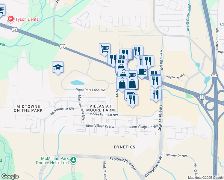 map of restaurants, bars, coffee shops, grocery stores, and more near 1125 McMurtrie Drive Northwest in Huntsville