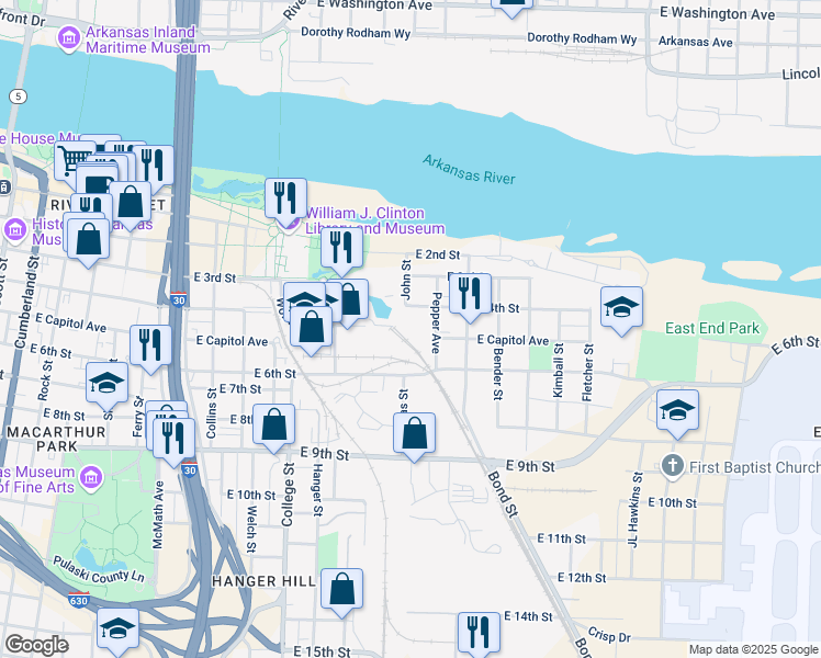 map of restaurants, bars, coffee shops, grocery stores, and more near 1501 East 4th Street in Little Rock