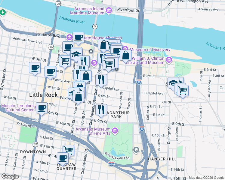 map of restaurants, bars, coffee shops, grocery stores, and more near 423 East Capitol Avenue in Little Rock
